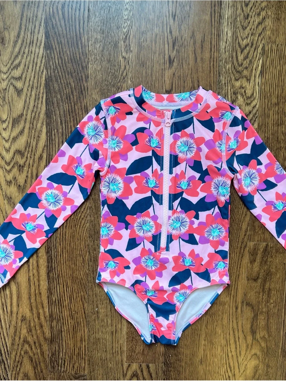 Tea Collection Pink Floral Long-Sleeve Rashguard with Navy Accents